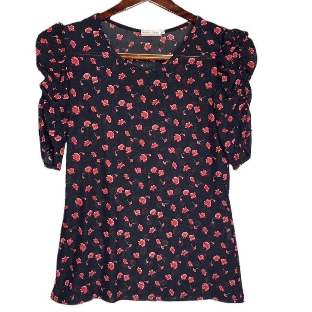 L Ember Rose top, stretchy sheer floral top, ruched sleeves
